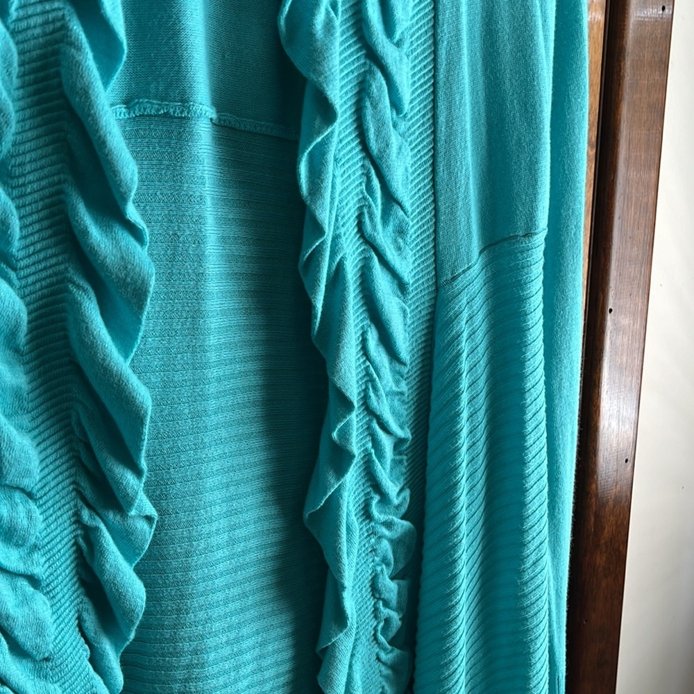 INC teal blue cardigan sweater size medium ruffles in the front - Picture 3 of 4